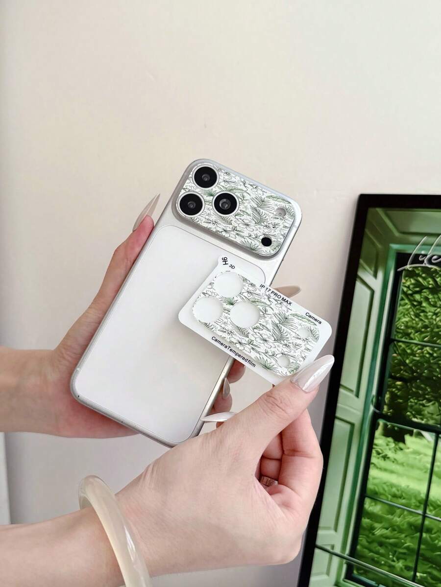 1pc Vintage Sketch Green Floral Leaf Print Full Coverage Anti-Fingerprint 9H Hardness Camera Lens Protector, Compatible With IPhone 18 Pro Max/18 Pro/17 Pro Max/17 Pro, Anti-Oil Anti-Drop Anti-Explosion Bubble-Free Auto-Adsorption Easy Installation Protective Film