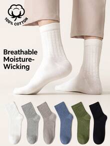 5/6 Pairs Men Cotton Grid Jacquard Crew Socks, Breathable Moisture‑Wicking Mid‑Calf Socks, Solid Color Soft Ribbed Cuff Casual Daily Socks For Men - Multicolor - View 1