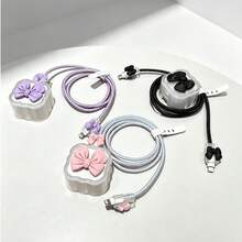 5pcs/Set Pink Bow Design 20W UK Plug Charger Protective Cover + Anti-Break Data Cable Sleeve Protector Compatible With IPhone 11/12/13/14/15/16 Pro Max/Plus - Multicolor - View 5