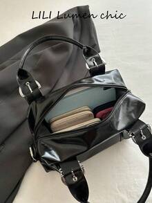 New Solid Color PU Mini Boston Handbag, Silver Rivet Decor, Double D-Ring Adjustable Top Handle, Detachable Crossbody Strap, Y2K Style Shoulder Bag, Streetwear And Cool Girl Essential, Suitable For Nightclubs, Weekend Shopping, City Walks And Daily Outings. - Black - View 6