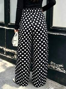 Women's All‑Season Elegant Casual Wide‑Leg Pants, Classic Contrast‑Color Polka‑Dot Design, Trousers For Daily Commute And Travel - Black and White - View 3
