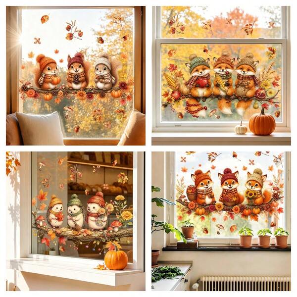 1/4pcs Farmhouse Wind Thanksgiving Static Window Decal, Reusable Animal Pumpkin Maple Leaf Decal For Bedroom/Dorm Room Window Decoration, Cute Autumn Window Decor