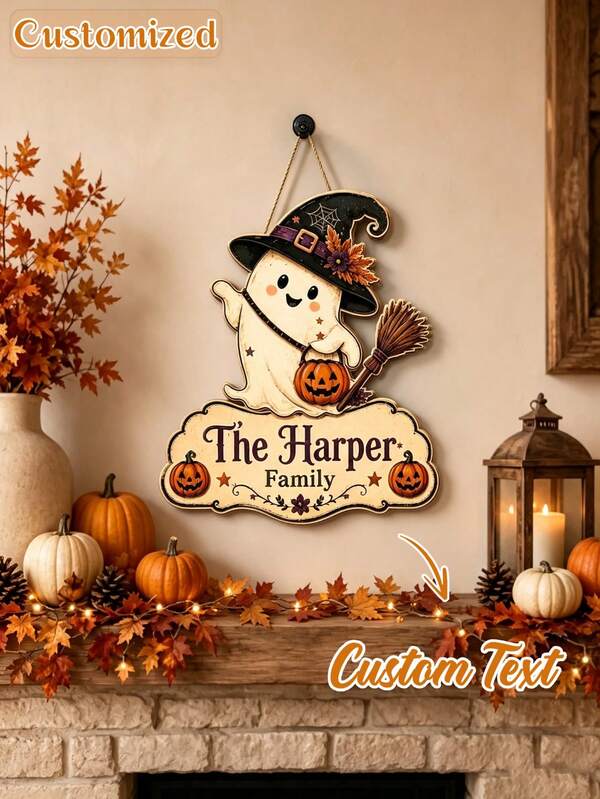 Letrero colgante personalizado con nombre familiar para puerta principal de Halloween, placa de pared de madera vintage con fantasma lindo, sombrero de bruja, calabaza y escoba, decoración de hogar de cosecha otoñal espeluznante, adorno de pared personalizado para entrada y porche, regalo ideal de inauguración de casa y decoración de vacaciones de Halloween