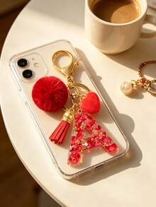 Cute Initial Red Heart Gold Foil Stone Tassel Pom Pom Keychain Resin Drip Glue Minimalist Personalized Key Chain For Women Bags Daily Wear And Gift - Red - View 4