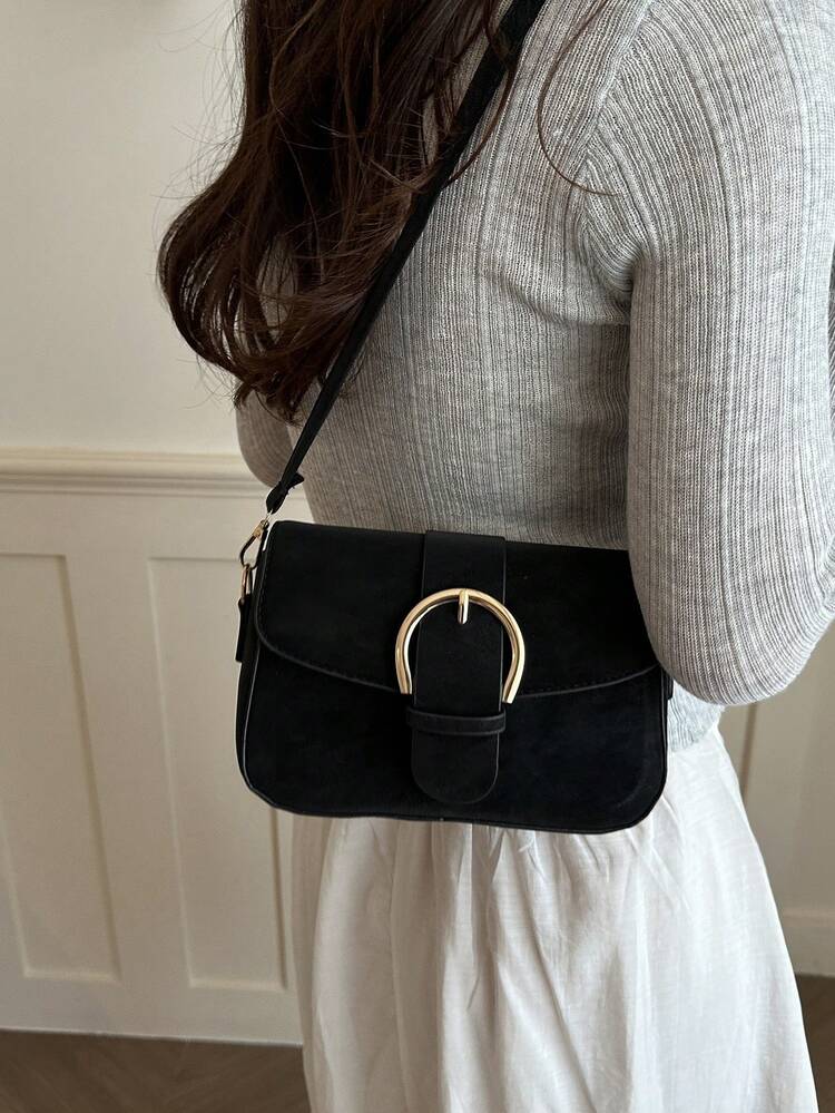 New Matte Bark Texture Women's Flap Small Handbag, Fashionable Belt Buckle Decor Square Bag, Shoulder Crossbody Bag - Black - View 3