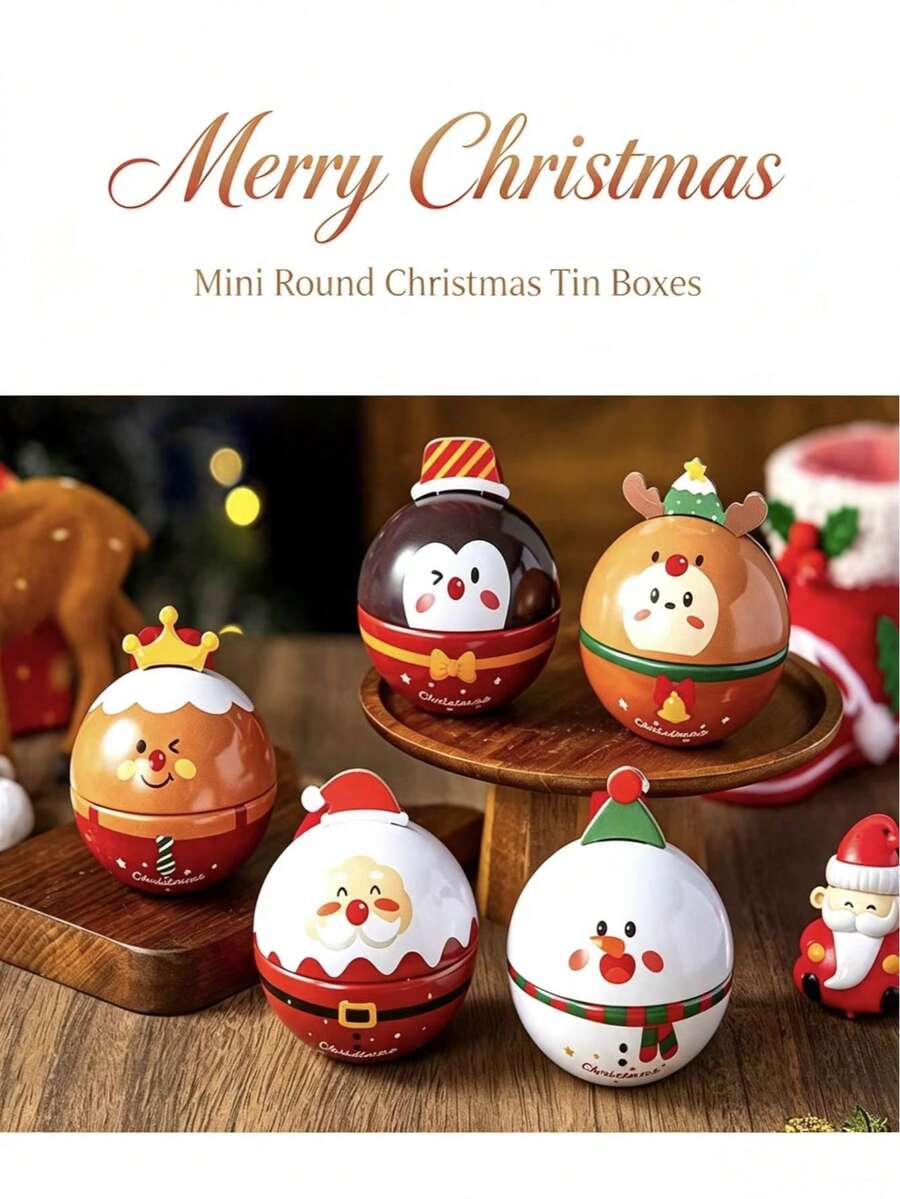 5Pcs New Mini Round Christmas Tin Balls, Cute Snowman & Reindeer Hanging Ornaments, Small Storage Tin Boxes, Xmas Tree Decor, Holiday Party Gift Boxes - View 1