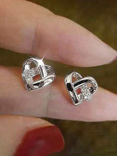 1 Pair Cubic Zirconia Encrusted Heart Stud Earrings, Women's Wedding Engagement Anniversary Party Jewelry, Valentine's Day Gift