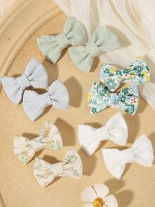 10pcs Basic Plaid Floral Bow Hair Clips, Sweet Girl Campus Side Bangs Hair Accessories, Princess Style - Mixed color - View 9
