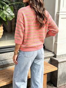 Blusa de punto de manga corta holgada y casual con cuello redondo, a rayas y bloques de color, versátil para uso diario, moda y vacaciones de otoño para mujer - Rosa coral - Ver 3