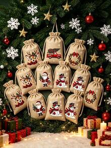 12 buah Tas Kado Linen Natal, Ukuran 14,99 x 9,91 cm, Tas Kado Serut yang Dapat Digunakan Kembali, 5 Desain Bertema Natal Acak, Sempurna untuk Souvenir Pesta Natal, Hadiah Ulang Tahun, dan Dekorasi Pohon Natal - MultiWarna - View 6