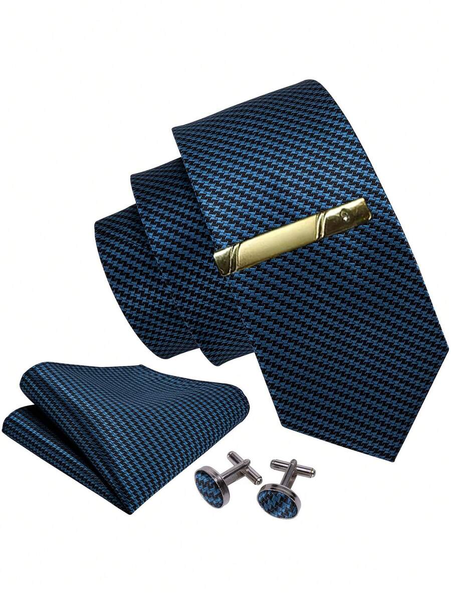 Houndstooth Blue Necktie Pocket Square Cufflinks Tie Clip 4pcs Set Business Formal Men Silk Tie Gift Set For Wedding Party - Royal Blue - View 1