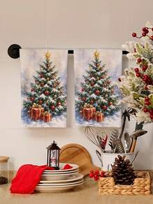 2pcs/4pcs Watercolor Snowy Christmas Tree Kitchen Towels, Falling Snow Christmas Tree Colorful Balls Red Gift Box Print, Cozy Holiday Hand Towels, Kitchen Baking Decor Towels - Multicolor - View 2