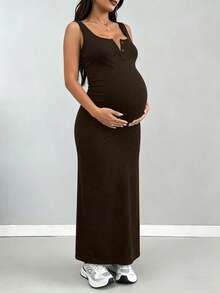 Parara Maternity One-Piece Long Pants Tank Top V-Neck High Elasticity Dress, Comfortable And Fashionable Maternity Dress Summer - Brown - View 2