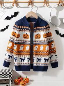 Boys Cute Colorblock Ghost Pumpkin Head Pattern Stand Collar Long Sleeve Knit Cardigan Suitable For Halloween Spring Autumn Winter - Navy Blue - View 2