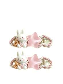 2pcs/Pack Cute Sweet Bow Star Rabbit Bear Polka Dot Plaid Hair Clips/Fashion Versatile Bangs Clips Snap Hair Clips Back To School Essential Hair Accessories - Multicolor - View 6