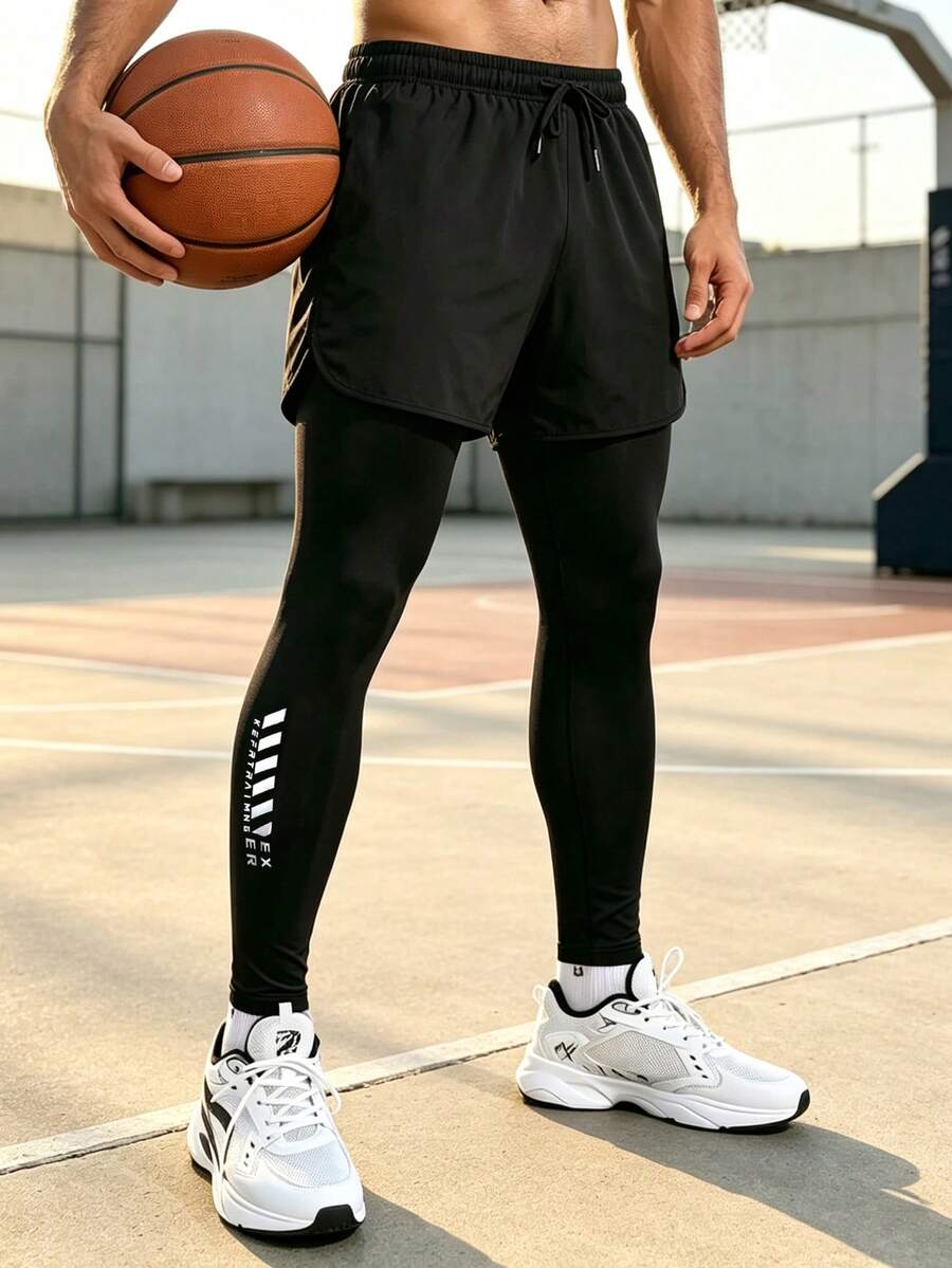 Celana Panjang Kasual Olahraga Pria, Legging, Desain Dua Lapis, Cocok Untuk Lari, Gym, dan Olahraga Luar Ruangan Lainnya. - Hitam - View 1