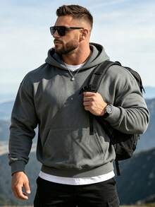 Hoodie Kasual Lengan Panjang Model Bahu Longgar Warna Polos untuk Pria, Musim Gugur/Dingin - Dark Grey - View 7