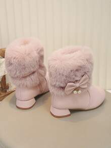 Girls' Pink Plush Bow High Heel Ankle Boots, Thermal Lined Thickened Winter Pearl Princess Dress Boots - Pink - View 4