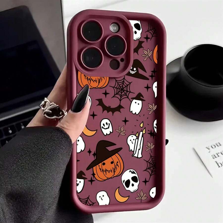Halloween Pumpkin Ghost Silicone Phone Case For IPhone 16 15 14 13 12 11 Pro Max 17 Air Plus Soft Cover 0ZWO - 酒紅色 - 查看 1