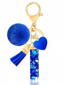 Cute A-Z Initial Keychain With Royal Blue Pom Pom, Heart And Tassel, Minimalist Personalized Key Chain For Women, Bag Charm, Daily Wear Accessory And Gift - Royal Blue - View 19