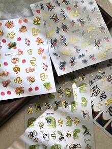 12入蛇花美甲貼紙 金箔蛇紋法式指尖花卉玫瑰設計美甲貼花 自黏式蛇主題美甲滑片貼 DIY美甲裝飾 - 彩色 - 查看 6