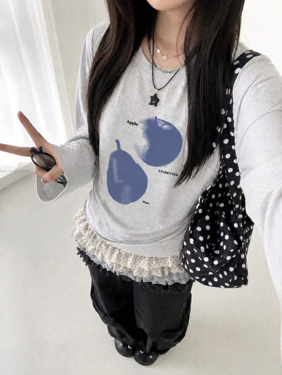 1件 Y2K 女款街頭風復古灰色慵懶寬鬆顯瘦藍色紮染印花長袖T恤 - 淺花灰 - 查看 1