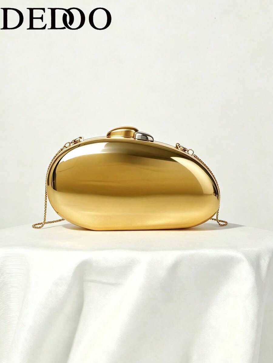 Women's Evening Clutch, Solid Color Hard Shell, Dual-Tone Metal Clasp, Detachable Chain Strap, Fashionable Portable Hard Shell Handbag, Suitable For Wedding Party Ball - Gold - View 1