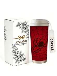 1pc/5pcs 500ml Halloween Red Spider Web Stainless Steel Insulated Coffee Mug, Spider And Spider Web Halloween Pattern Print Design, Autumn/Winter Couple Water Cup With Lanyard Portable Coffee Mug, Suitable For Daily Commute - Red-spider - View 5