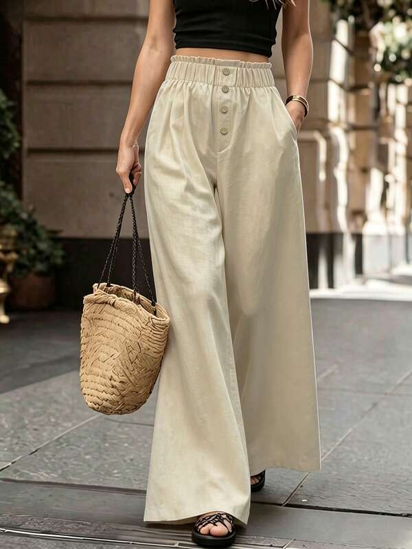 Autumn/Winter New Women's High Waist Paper Bag Waist Linen Wide Leg Pants, Casual Versatile Solid Color Everyday Long Pants With Front Button Elastic Waist, Flowy Design With Side Pockets And Button Decor, Suitable For Commute, Casual And Daily Wear
