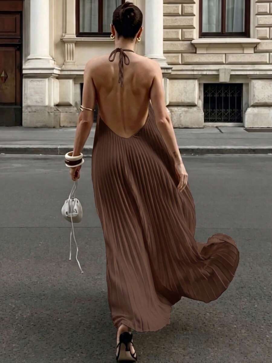 2026 Spring/Summer New Fashion Elegant Casual Commute Daily Date Holiday Travel Tea Party Beach Pleated Backless Halter Neck Dress