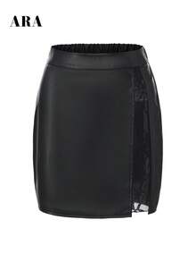 ARA CHIC Women's Black Faux Leather Mini Skirt, Side Lace Patchwork, High Waist Slim Fit Pencil Skirt, Sexy Outing Nightclub Party Dress, Autumn - Black - View 8