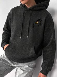 American Vintage Distressed Washed Hoodie Sweatshirt, Men's Autumn/Winter Casual Pullover Top With Large Wolf Eye Back Print - Black - View 2