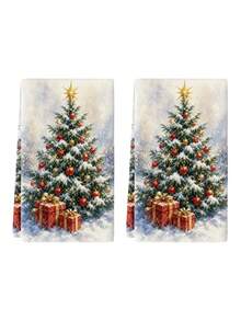 2pcs/4pcs Watercolor Snowy Christmas Tree Kitchen Towels, Falling Snow Christmas Tree Colorful Balls Red Gift Box Print, Cozy Holiday Hand Towels, Kitchen Baking Decor Towels - Multicolor - View 4