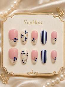 10Pcs Short Almond Handmade Press‑On Nails, Mixed Nude & Cream Base Design, Hand‑Painted Blueberry Floral Print + Blue‑White Vertical Stripes, Fresh Summer Minimalist Reusable False Nail Set For Daily Wear & Dates - Follow Your Heart - View 2