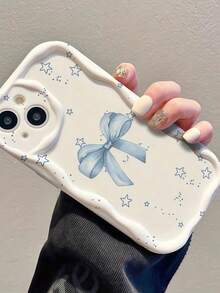 1pc Cream Wavy Edge Phone Case, Beautiful Light Blue Bow & Star Graffiti Wavy Edge Phone Case, Soft TPU Shockproof Anti-Drop Protective Phone Cover, Compatible With Apple 11, 12, 13, 14, 15, 16, 17 Pro Max. Beautiful Phone Case Suitable For Women And Girls, Compatible With Galaxy, Honor, Phones - White - View 2