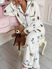 2pcs/Set Women's Winter Striped Teddy Bear Pattern Plush Thickened Thermal Lined Turn-Up Collar Cardigan Long Sleeve And Long Pants Pajama Set, Simple And Fashionable - Apricot - View 3