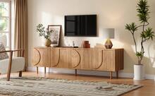 Tv Stand Natural With Storage With Shelves With Doors Made Of Wood For Living Room And Media Area - 自然的 - 查看 7