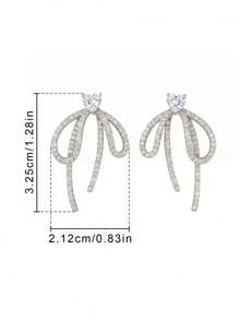 1 Pair French Style Full Rhinestone Bow Earrings, Heart-Shaped Zirconia + Dangle Ribbon Design, Suitable For Women's Party Gift - Silver - View 5