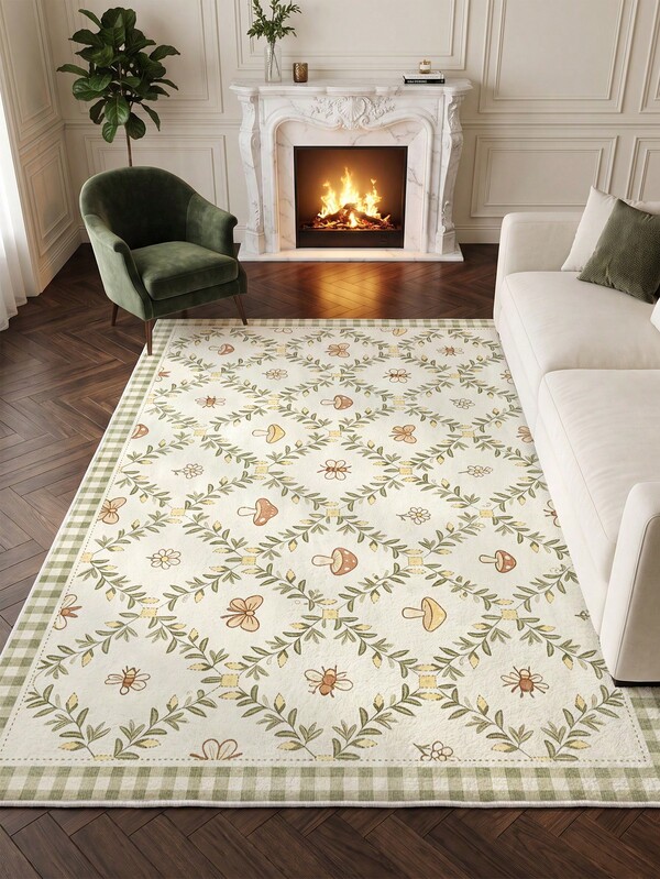 1pc Light Green Floral Pastoral Living Room Rug, Suitable For Kitchen, Dining Room, Bedroom, Holiday Decor, Indoor/Outdoor, Office, Lobby, Anti-Slip Doormat, Bathroom Rug, Hallway, Study, Gaming Area