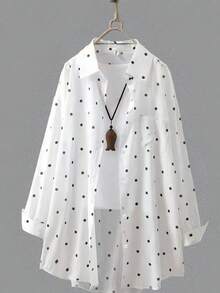 Women's White Polka Dot Long Shirt, Collared, Long Sleeve, Front Button Pocket, Regular Hem, Rolled Sleeve, Flowy Breathable Lightweight Shirt, Summer Beach Vacation Sun Protection Outerwear Spring - White - View 3