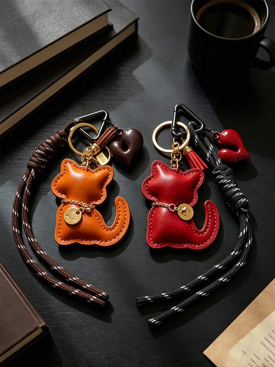 Cute Leather Cat Bag Charm Keychain, Cat Pendant With Chocolate Charm And Braided Rope Tassel, Bag Charm, Car Interior Charm, Car Keychain. Sweet Coffee Tone Bag Accessory Gift, Suitable For Women And Girls, Gift For Women, Birthday, Holiday Gift. - Multicolor - View 1