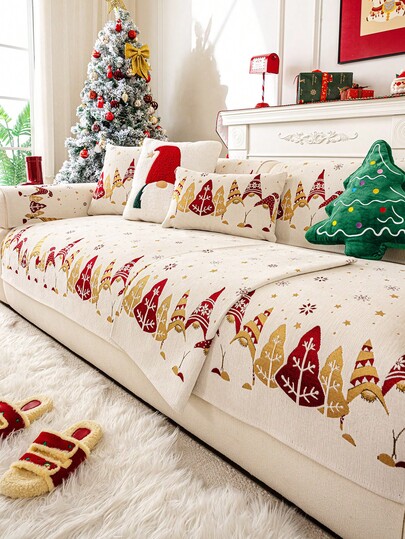 1pc Gnome Sofa Cushion, Christmas Dwarf Jacquard Chenille Sofa Cover, Christmas Holiday Style Thickened Sofa Protector, Cartoon Christmas Tree Elf Jacquard Craft, Washable And Machine Washable Easy Care, Pet-Friendly Non-Slip Combination Sofa Protector, All-Season Wear-Resistant Furniture Protector, Suitable For Bedroom, Office And Living Room Home Decor, Perfect For Christmas Use