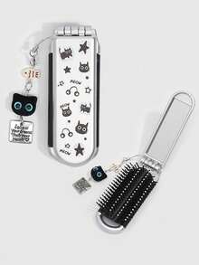 1 buah Set Sisir & Cermin Lipat Kucing Hitam Lucu, Sisir Airbag untuk Kembali ke Sekolah, Cermin Sisir Portabel DIY, Sisir Kecil Dekoratif Berbentuk Bintang Gaya Y2K - A - View 1