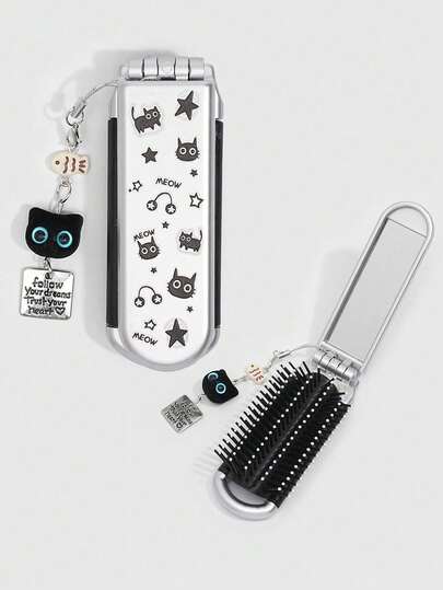 1pc Cute Black Cat Foldable Comb & Mirror Set, Back To School Airbag Comb, DIY Portable Comb Mirror,A Y2K-Style Star-Shaped Decorative Small Comb