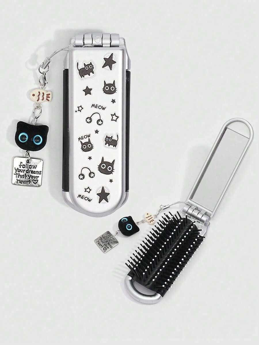 1 buah Set Sisir & Cermin Lipat Kucing Hitam Lucu, Sisir Airbag untuk Kembali ke Sekolah, Cermin Sisir Portabel DIY, Sisir Kecil Dekoratif Berbentuk Bintang Gaya Y2K - A - View 1