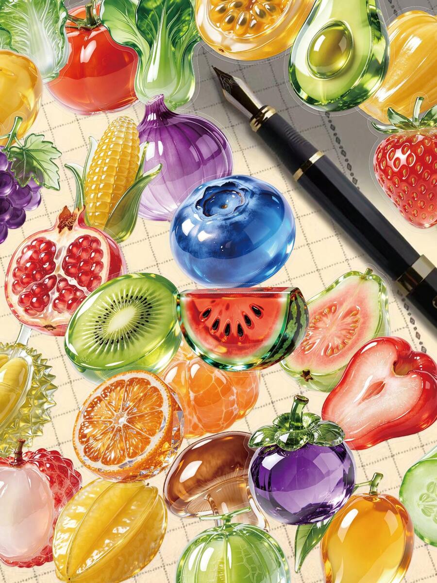 50pcs Glass Fruit & Vegetable Stickers For Decoration, Scrapbook, Phone Case, Notebook, Diary, Tablet, Planner, Luggage, Guitar, Skateboard, Violin - Glass Fruit and Vegetables - View 1