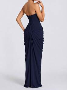 Summer High-Quality Draped Asymmetric Strapless Backless Off-Shoulder Fitted Long Sexy Deep Blue Elegant Evening Party Dress - Navy Blue - View 9