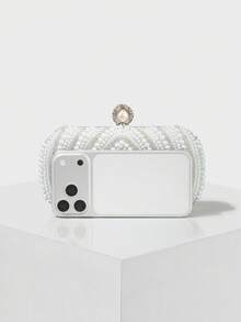 Women's Elegant/Pearl Pattern Design Box Clutch Evening Bag, Romantic Wedding Handbag, Charming/Exquisite Evening Dress Bag, Shiny Apricot Box Clutch Handbag With Chain, Perfect Choice As Holiday Gift. Comes With Metal Chain. - White - View 3