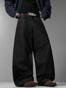 Men's Korean Wide Leg Jeans, Simple Style With Flap Back Pockets, Fashion Versatile Comfort Casual All-Season Pants (No Belt & Accessories) - Black - View 7