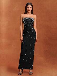 Solid Color Strapless Sparkling Rhinestone Embellished Fitted Women's Dress Black Party Wedding Fall - Black - View 1